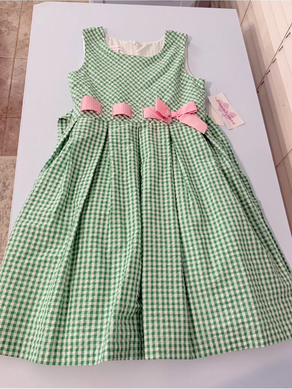 Bonnie Jean Green Gingham Dress with Pink Bow
